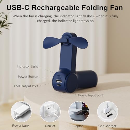 JATEKA 2 in 1 Portable Fan, Folding Fan, Wind Speed 3.5m/s, Silent Fan with Mobile Power, Suitable for Outdoor, Travel, Office