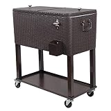 UPHA 80 Quart Rolling Outdoor Patio Cooler Cart on Wheels, Wicker Pattern Portable Drink Beverage Bar for Patio Pool Party, Ice Chest with Shelf and Bottle Opener, Brown