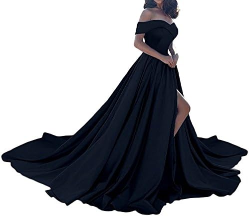 Women's Off Shoulder Split A Line Prom Evening Dress Satin Long Formal Party Gowns