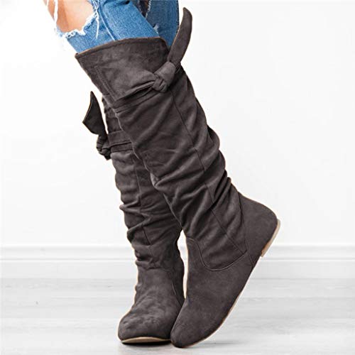 ❤Kauneus❤ Women's Faux Suede Bowknot Lovely High Boots Zipper Flat Comfy Winter Boot Slouched Under Knee High Flat Boots Dark Gray