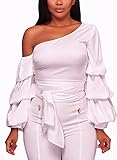 Elapsy Womens Sexy Asymmetrical Shoulder Ruffle Long Sleeve Club Top Shirt Party Blouses