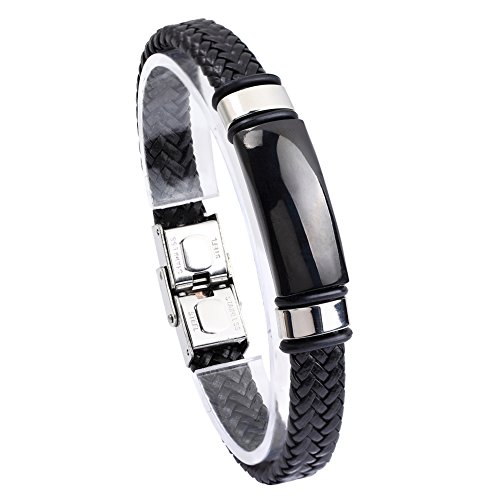 Jusnova Stainless Steel Bracelet Bangle for Men Women Braided PU Leather Wristband 13 Wide 8.5 Inches Black