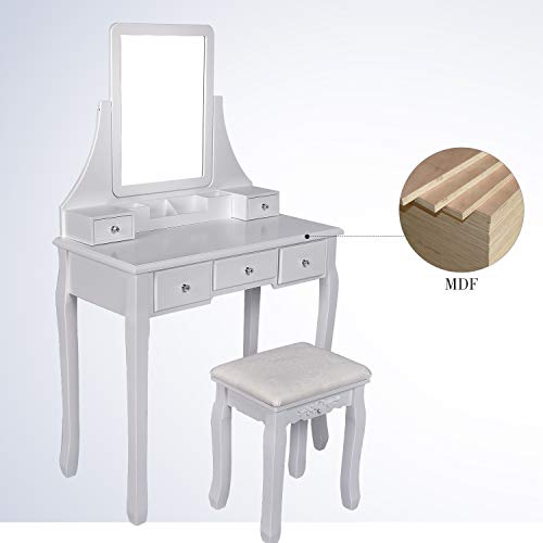 Vanity Table Set Square Mirror with 4 Removable Dividers, Dressing Table Vanity Makeup Table Cushioned Stool & 5 Drawers for Bedroom/Women/Gift (Square Mirror, White)