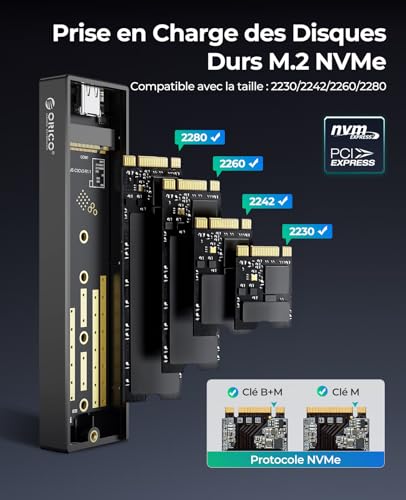 ORICO M.2 NVMe SSD Enclosure 10Gbps USB External Adapter USB3.2/ USB3.1 Gen2 USB-C Hard Drive Enclosure for M.2 PCIe NVME M-Key 2230/2242/2260/2280 SSD, with UASP - M2PV