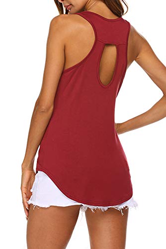 Poetsky Women Long Active Tank Tops Cut Out Back Sleeveless Workout Top (Wine Red, S)