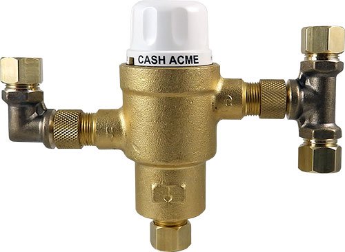 Cash Acme3/8 Inch HG145 Thermostatic Mixing Valve with Compression Connections, Tee, Elbow and Integral Checks, Brass Plumbing Fitting, 24525