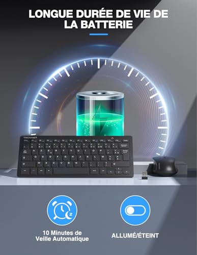 TECKNET France AZERTY 2.4G Silent Wireless Keyboard and Mouse with Nano USB Receiver, 12 Multimedia Shortcuts for Computer, PC, Laptop, Desktop