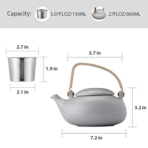 ZENS Teapot with Infuser,Modern Ceramic Japanese Tea Pot 27 Ounces with Bentwood Handle for Loose Tea and Adults, Matte Grey 800ML