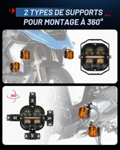 BraveWAY Additional Motorcycle Headlights 3 Inch 130W 14800LM DRL Amber Strobe Function Beam Combin Yellow Covers U-Bracket and Tubular Cable Harness