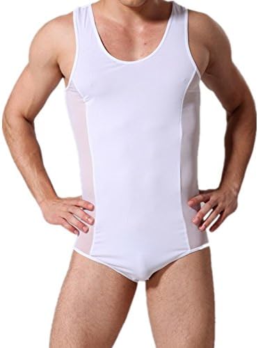 Casualfashion Sexy Men's Ice Silk Mesh Lingerie See Through Soft Bodysuit Vest Jumpsuit Underwear (M (Suit for 170-175cm Height), White)