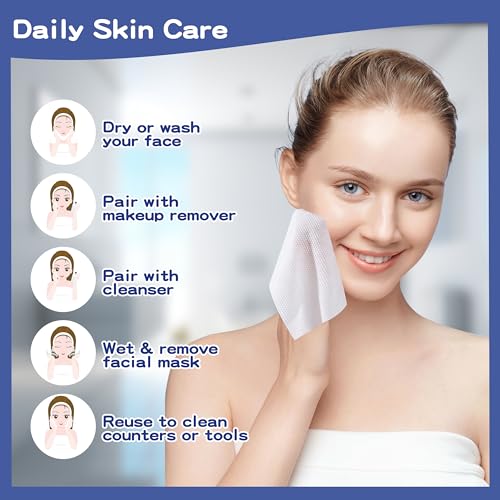 RUILLSEN COTTON WIPES DISPOSABLE FACE TOWELS, LINT-FREE UNSCENTED CLEAN TOWELS DRY FACIAL CLEANSING WIPES SOFT & THICK FOR SENSITIVE SKIN 8 INCH SQUARE LARGE SIZE 50 COUNT