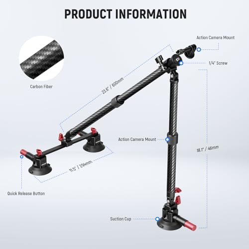 Neewer Triple Suction Cup Car Mount Kit, Carbon Fiber Camera Mount with Action Camera Adapter, NATO Rail & 24"/60cm Extension Pole Compatible with GoPro Insta360, 2.2lb/1kg Max Load, CA136