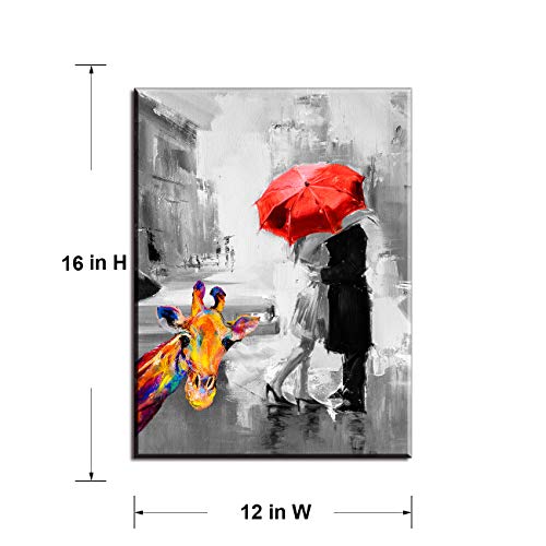Living Room Wall Decor of Red Umbrella & Giraffe, Bedroom Decor for Couples with Original Inspirational Work, Funny Bathroom Decor with Waterproof Love Signs Decor, Wood Inside Framed ( 12x16 )