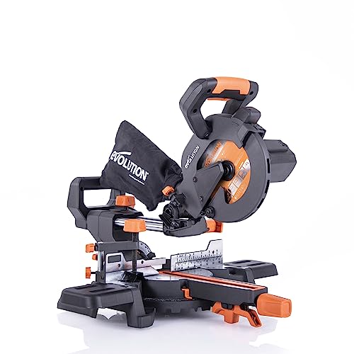 Evolution Power Tools R185SMS+ Sliding Miter Saw with Multi-Material Cutting, 45 Degree Bevel, 50 Degree Miter, 210 mm Slide, Blade Included Cuts Wood Plastic Metal & More, 7-1/4