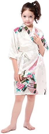 Girl’s Peacock Floral Satin Kimono Robe Bridal Blossoms Sleepwear Robe for Spa Wedding Party (4, White)