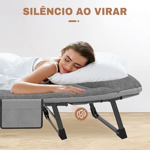 Cama Dobrável de Solteiro com Colchão Integrado, Estrutura de Aço Reforçada de 24mm e Suporte para até 220kg, Tecido de Linho e Oxford, Design de 8 Pés