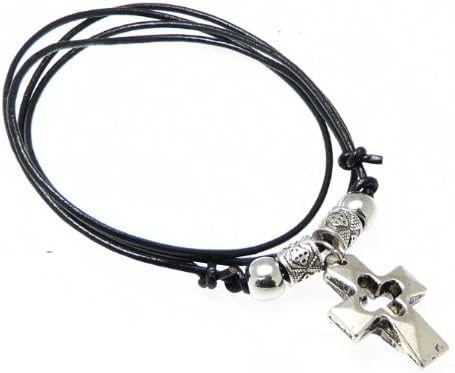 Surfer Black Leather Cord Necklace Leather Choker Leather Necklace Beads Ornate Cross Crucifix Pendant