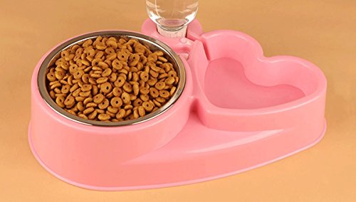 Popowbe Double Pet Bowls Stainless Steel Dog Bowl with No Spill Skidstop Silicone Mat Dog Cat Food Water Feeder with Automatic Water Bottle Pink-160g - Thumbnail 3