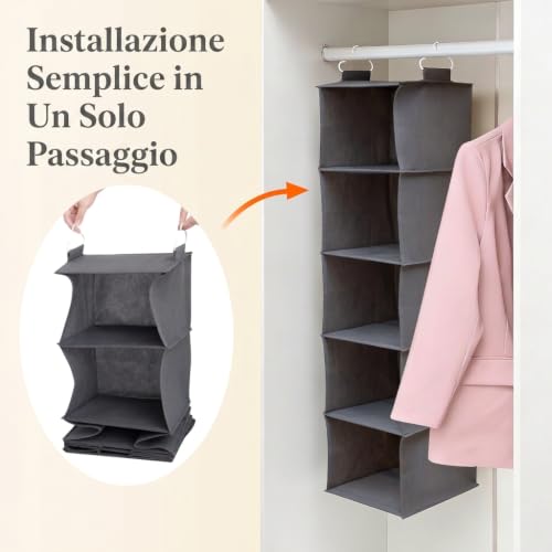 Lifewit Hanging Closet Organizer with 5 Shelves and 2 Sturdy Hooks, Indoor Wardrobe Shelves, Foldable Organizer, Clothes Storage, 40 Inch (H), Grey, Set of 2