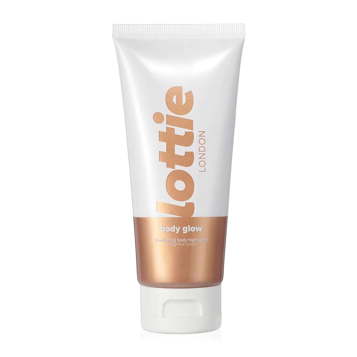Lottie London Body Glow in Medium/Dark, Illuminating liquid body highlighter with quick-drying golden shimmer pigments for a glowing finish