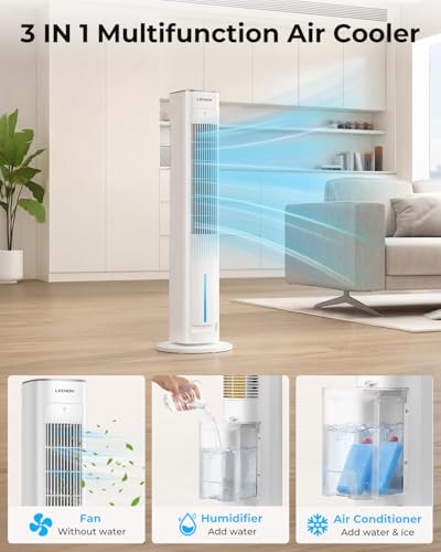 LEENON Silent Column Fan, 3L Capacity Oscillating Fan with Remote Control and 3 Speeds, 3 Modes and 12H Timer Column Fan for Home and Office – White