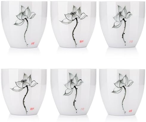 Lotus Teacup Set of 6, Hand-Painted White Porcelain Tea Set (Black)