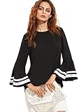MakeMeChic Women's Elegant Bell Sleeve Striped High Low Blouse Shirt Top Black L
