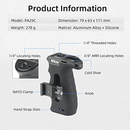 Nitze Side Handle with NATO Clamp, Ergonomic Side Handle for Left or Right Hand, Adjustable Side Grip Up and Down for Camera Cage - PA29C