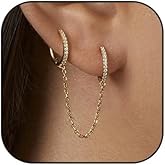 14K Gold Chain Earrings for Women. Double Piercing Huggie Hoop Earrings,Cubic Zirconia Stud Ear Cuff Earrings Ear Clip Earrings for Women