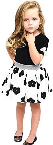 Miniowl Girls Black T-shirt with Bow-knot and Floral Pleated Skirt 2pcs set 6t