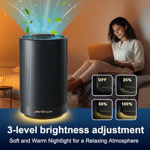 Purificador de Aire Filtro H13 HEPA, Purifica Polvo Alergias Olores, Silencioso 22dB para Recámara Oficina Departamento, Luz Nocturna Regulable (Negro)