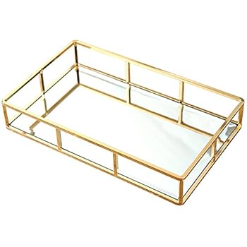 PuTwo Tray Mirror, Gold Mirror Tray Perfume Tray Mirror Vanity Tray Dresser Tray Ornate Tray Metal Decorative Tray Tray Jewelry Perfume Organizer Makeup Tray for Vanity, Dresser, Bathroom, Bedroom