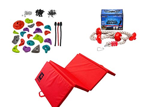 Slackers DIY Rock Climbing Wall Kit w/ Crash Pad & Climbing Rope | Rock Wall | Obstacle Course Wall | Rock Climbing Playset