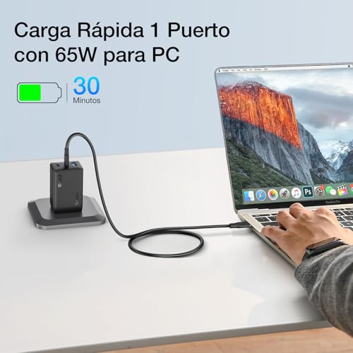 1 Hora 65W Cargador Tipo C GAN de 3 Puertos con Cable USB C 65W 2M, Cargador Carga Rapida USB C Plegable, Compatible con MacBook Pro/Air, IP 17 16 15 Pro MAX, Galaxy S23 S22, Google Pixel 7, iPad Pro