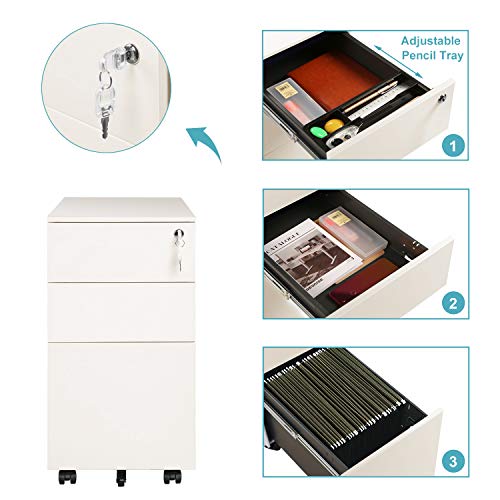 Devaise Fully Assembled Mobile File Cabinet Filing Cabinet On Wheels With 3 Drawers Lockable All Steel 30cm L X 43 5cm W X 60cm H White Digiscope Ltd