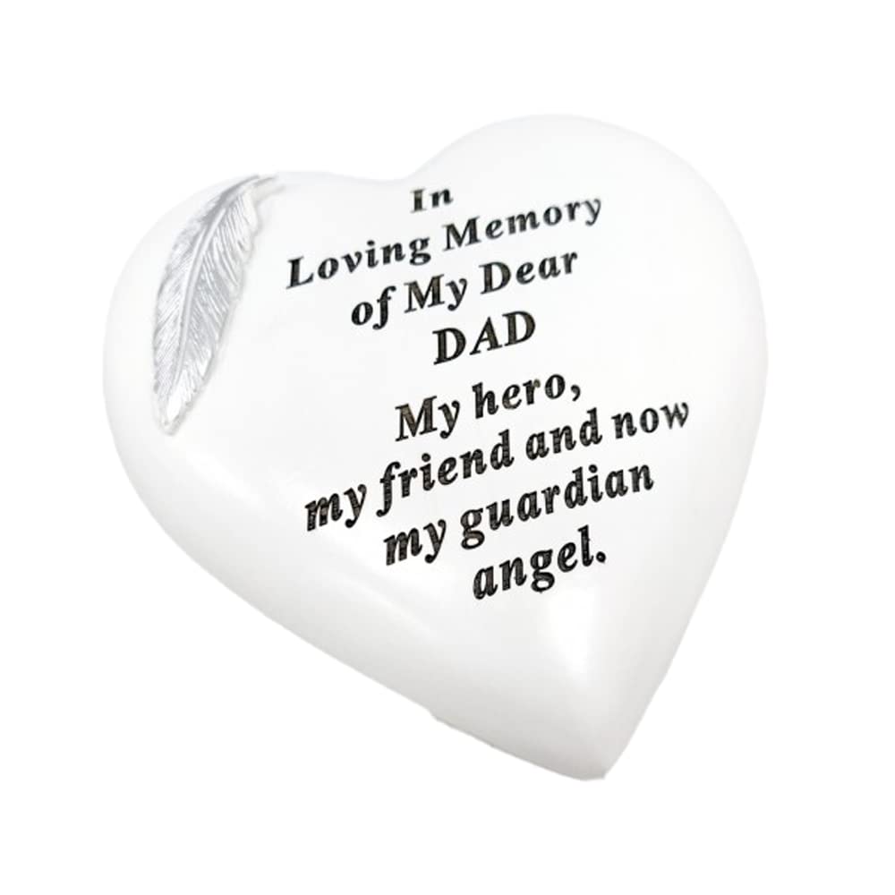 Memorial Stone Heart Plaques Grave Ornaments - Personalised Grave Decoration White & Silver Plaques with Feather- Outdoor Memorial Plaques 15 x 15cm (Dad)
