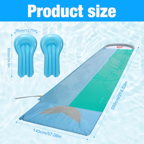 Water Slides for Garden Inflatable,WDKXCN 550 * 145cm Slip and Slide Water Slide for Kids, Inflatable Lawn Water Slide with 2 Bodyboards, Double Waterslide for Outdoor,Built-in Sprinkler,Shark Style