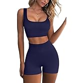 QINSEN Workout Sets for Women 2 Piece Seamless Ribbed Crop Tank High Waist Shorts Yoga Outfits