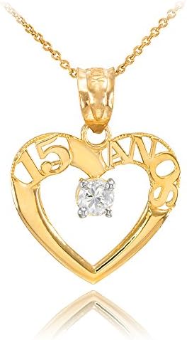 14k Yellow Gold Quinceanera 15 Anos Solitaire CZ Pendant Necklace, 22"