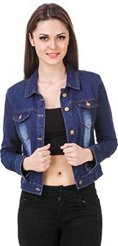 montrez denim full sleeves comfort fit regular collar blue jacket for women