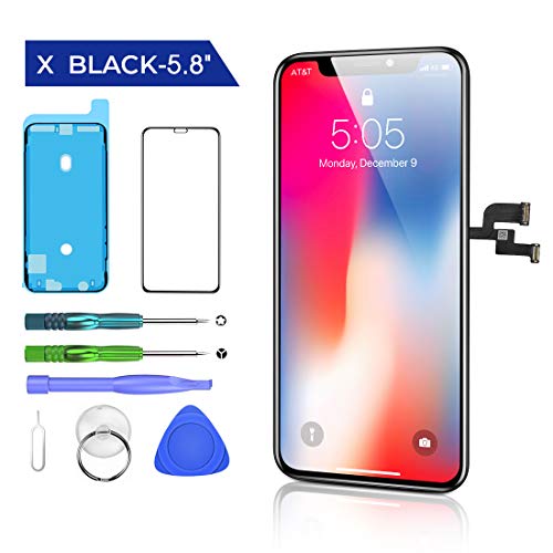 HTECHY Replacement for iPhone X Screen Replacement Black(5.8") 3D Touch Display LCD Digitizer Assembly Set with Waterproof Frame Adhesive Sticker + Repair Tools Kit Screen Protector