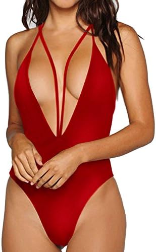 Women One Piece Monokini Swimsuits Bathing Suit Deep V Sexy Stylish Backless String (L, Red)