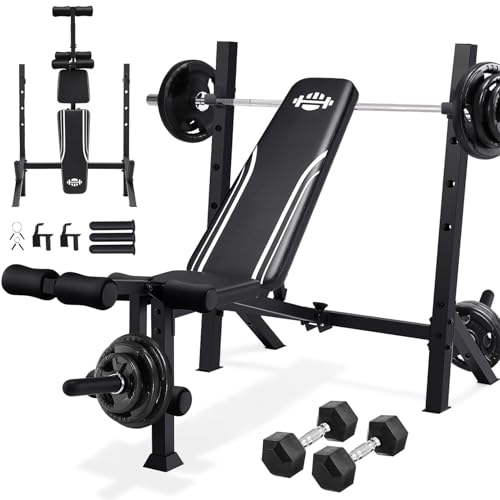 ANCHEER 900LBS Weight Bench Set with Barbell Rack, Heavy Duty Bench Press Set w…