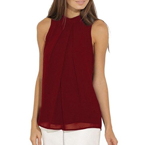 Laimeng,Women Casual Chiffon Blouse Sleeveless Shirt T-shirt Summer Blouse Tops (L, Wine)