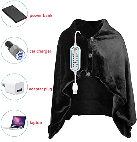 YGGKY USB Heated Shawl Electric Heated Blanket Plush Flannel Blanket with 3 Heat Level Setting for Car Office Home Travel - 120x80CM (Black)