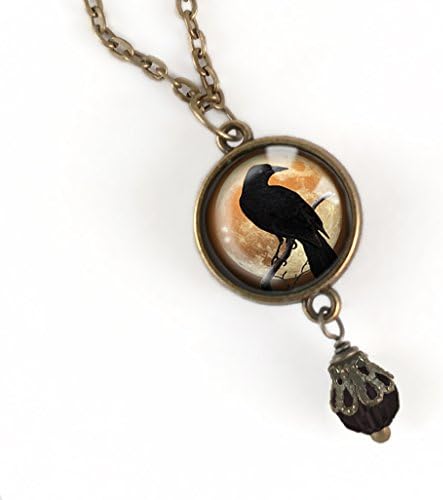 Reversible Raven Or Crow On Orange Moon Glass Cabochon Halloween Pendant Necklace With 18" Chain Pendant Necklace