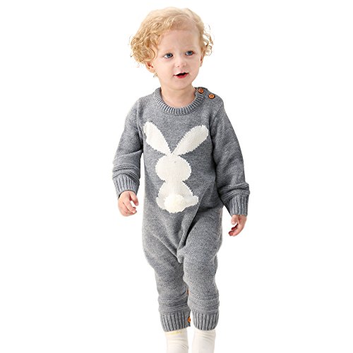 MiMiXiong Baby Sweater Knit Jumpsuits Kid's Rabbit Crochet Romper For Autumn Winter (0-6M, Grey)