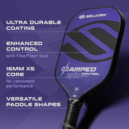 Selkirk Sport Amped Control Pickleball Paddle | Assembled in The USA | Next-Gen FiberFlex+ Face & Ultra Durable Spin Coating | 16mm X5 Core for Unrivaled Precision & Control | Epic Lightweight Purple