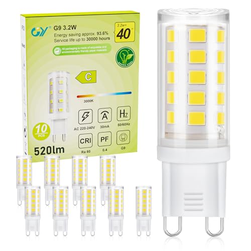 GY G9 LED Bulb, 3.2W (Equivalent to 40W) 520 Lumens Warm White 3000K, G9 LED Bulb 360 Degree Beam Angle, No Dark Corner, Non-Dimmable (10 Unit)