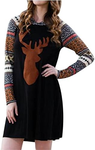 JINGJQINGCAO Chic Women Autumn Winter Christmas Reindeer Printed Splicing Hooded Dress dd 28Small